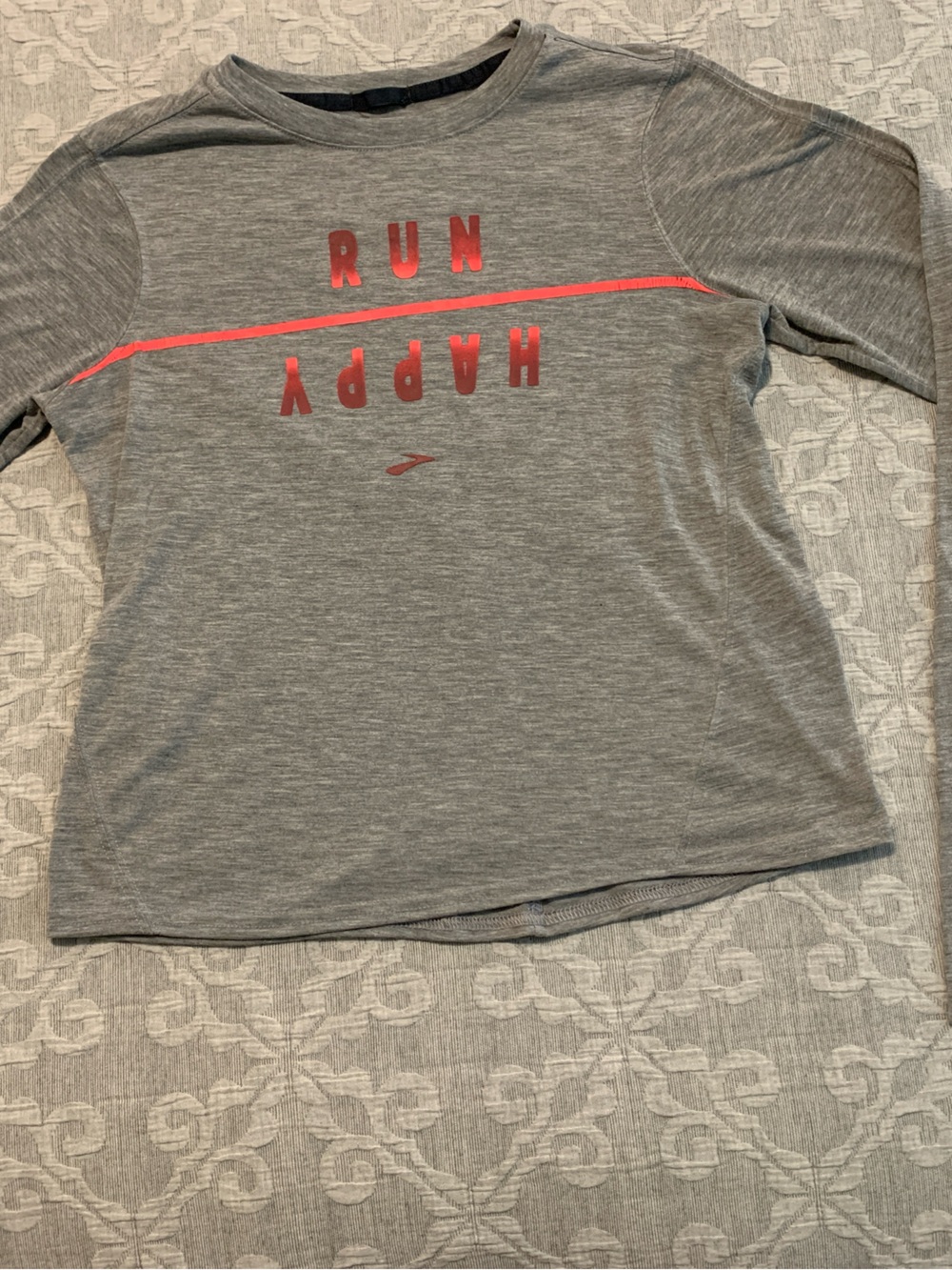 Brooks Gray Long Sleeve Tee with Pink 'Run Happy' Graphic (Size S)